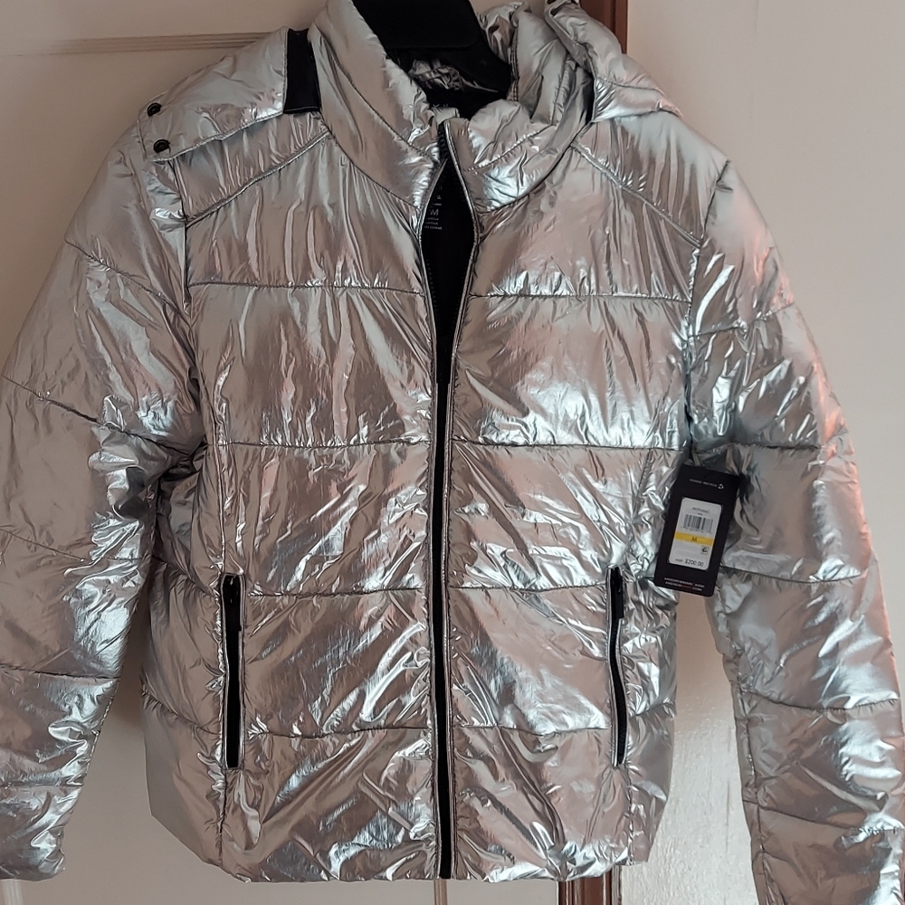 Metallic Silver puff jacket with non removable hood